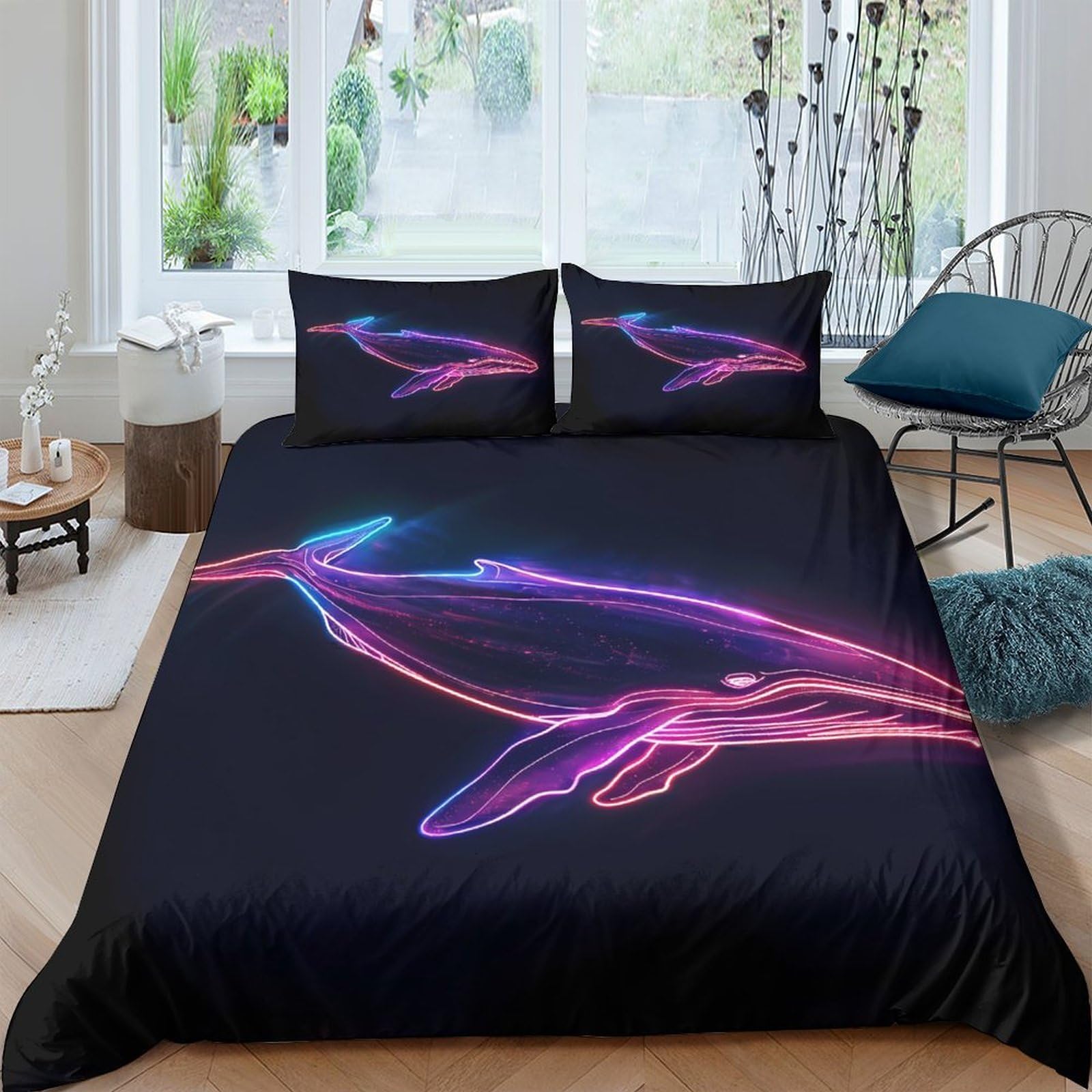 Ctjqhvkz Style-4 3D Printed Neon Whale Fitted Sheet Microfiber Soft Anti-Slip Cosmic Ocean Mattress Cover For Bedroom Dorm Decor Single（135X200cm）