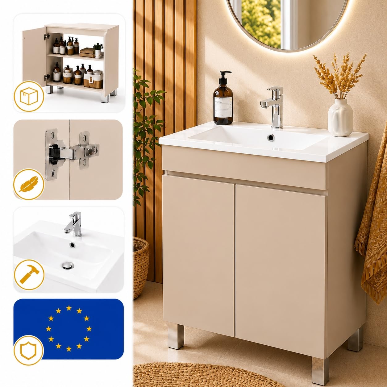 Mueble de baño con lavabo de pie con lavabo con acabado en cachemira (beige) mate, 60 x 40 cm, sistema de cierre suave.