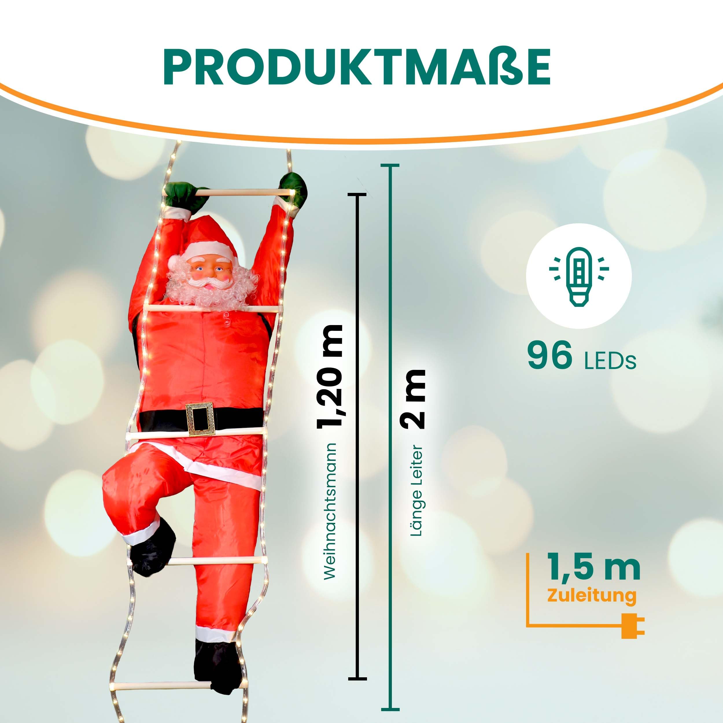 Gartenpirat Weihnachtsmann auf Leiter 200 cm LED-Lichtschlauch warmweiß Deko Nikolaus Weihnachtsdekoration Weihnachtsfigur innen außen