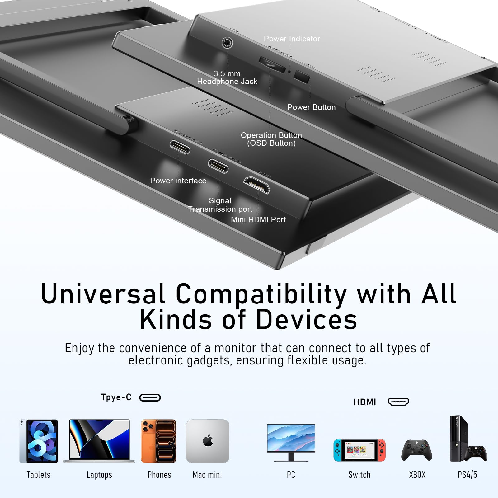 Xyvolve Monitor Portable 15.6 Inch FHD 1080P IPS Anti-Glare USB-C HDMI, sRGB100% 60Hz Display Screen, Dusl Speakers for Laptop PC Mac Phone PS5/4 Xbox - 5