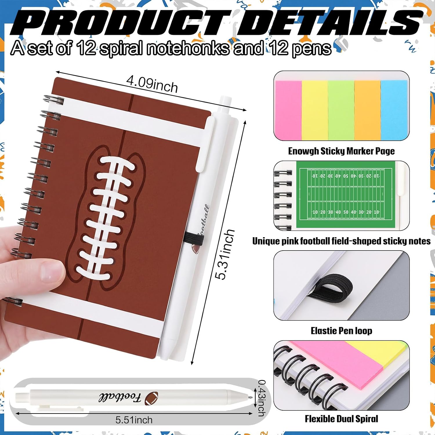 Resurhang 12 Sets Football Notebook Gifts Softball Spiral Notebook Ballpoint Pens for Coaching Supplies Coach Gifts Team Party Players Sports Lover Party Favor(Brown)