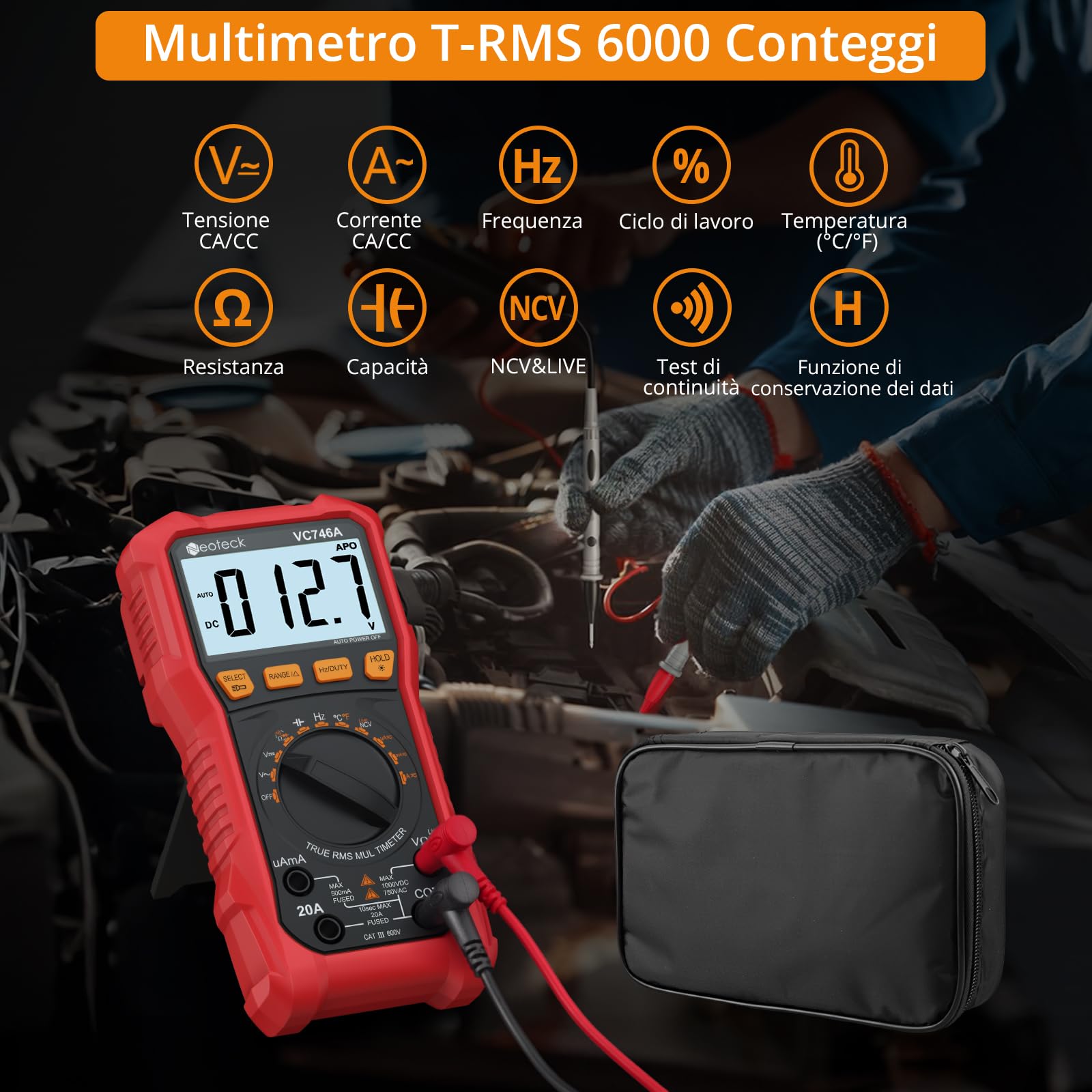 Neoteck Multimetro Digitale Professionale 6000 Conteggi Misuratore TRMS Auto-Range con Rilevamento NCV, LIVE e Doppia Illuminazione Test Sicuro per Tensione CA/CC, Corrente, Temperatura - Rosso