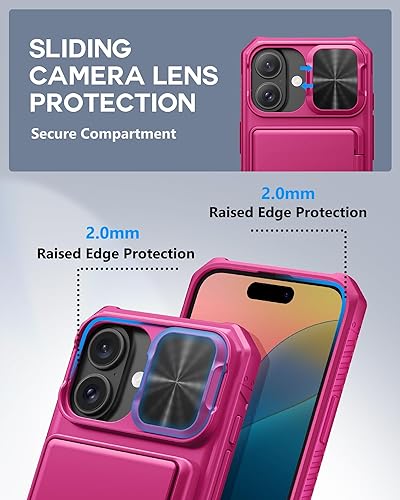 Miniatura 4 de ATATOO Funda para iPhone 16, tarjetero integrado (almacena 3-5 tarjetas) y protector de cámara deslizante, protección de grado militar, bonita funda