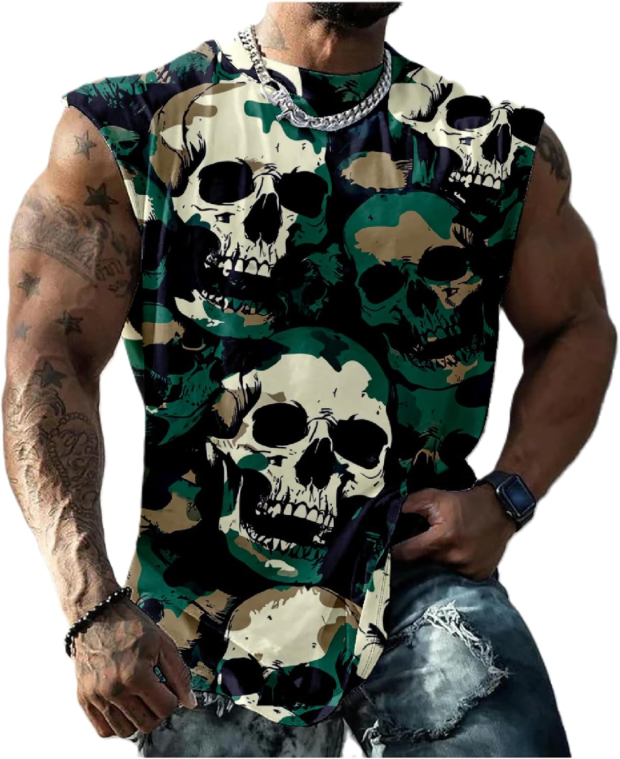 Graphic Tank Tops Men Skull Printed Sleeveless Summer Oversized Loose Gym Workout Breathable Sportswear