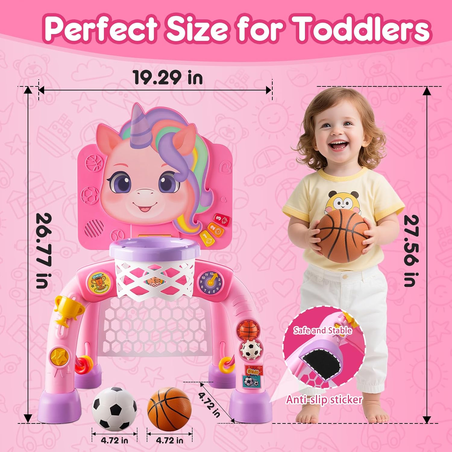 Toddler Basketball Hoop & Soccer Goal Activity Center, Interactive Toys with Light Music,Unicorn Toddlers Musical Toys Gift, Baby Birthday Easter Gifts Gift for 1 2 3 Year Old Boys Girls