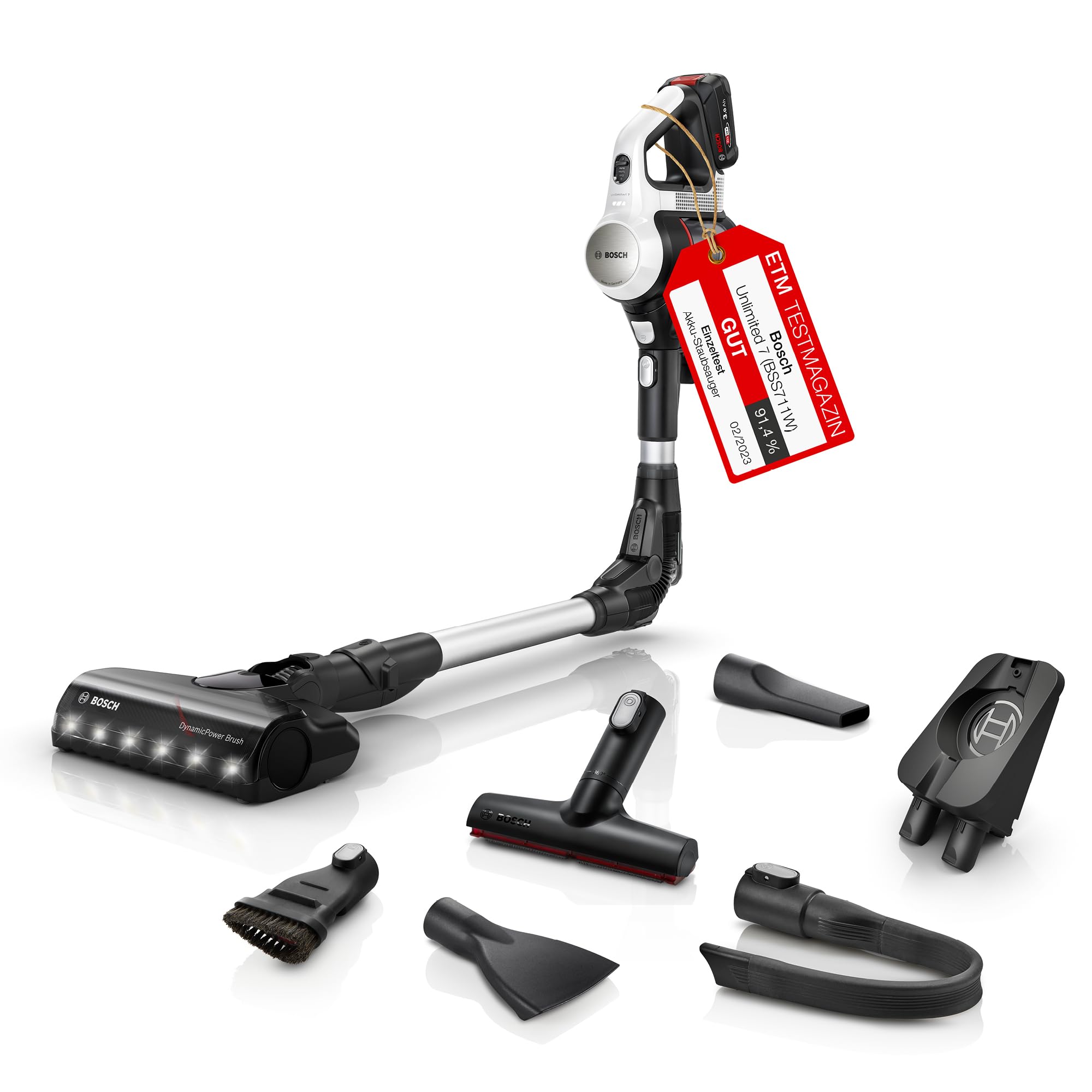 Bosch Akku-Staubsauger Unlimited 7 BSS711W, kabelloser Handstaubsauger, beutellos, Wechselakku, Knickrohr, Hygiene-Filter, 10 Jahre Motorgarantie, XXL-Polsterdüse, LED-Beleuchtung, Turbostufe, weiß