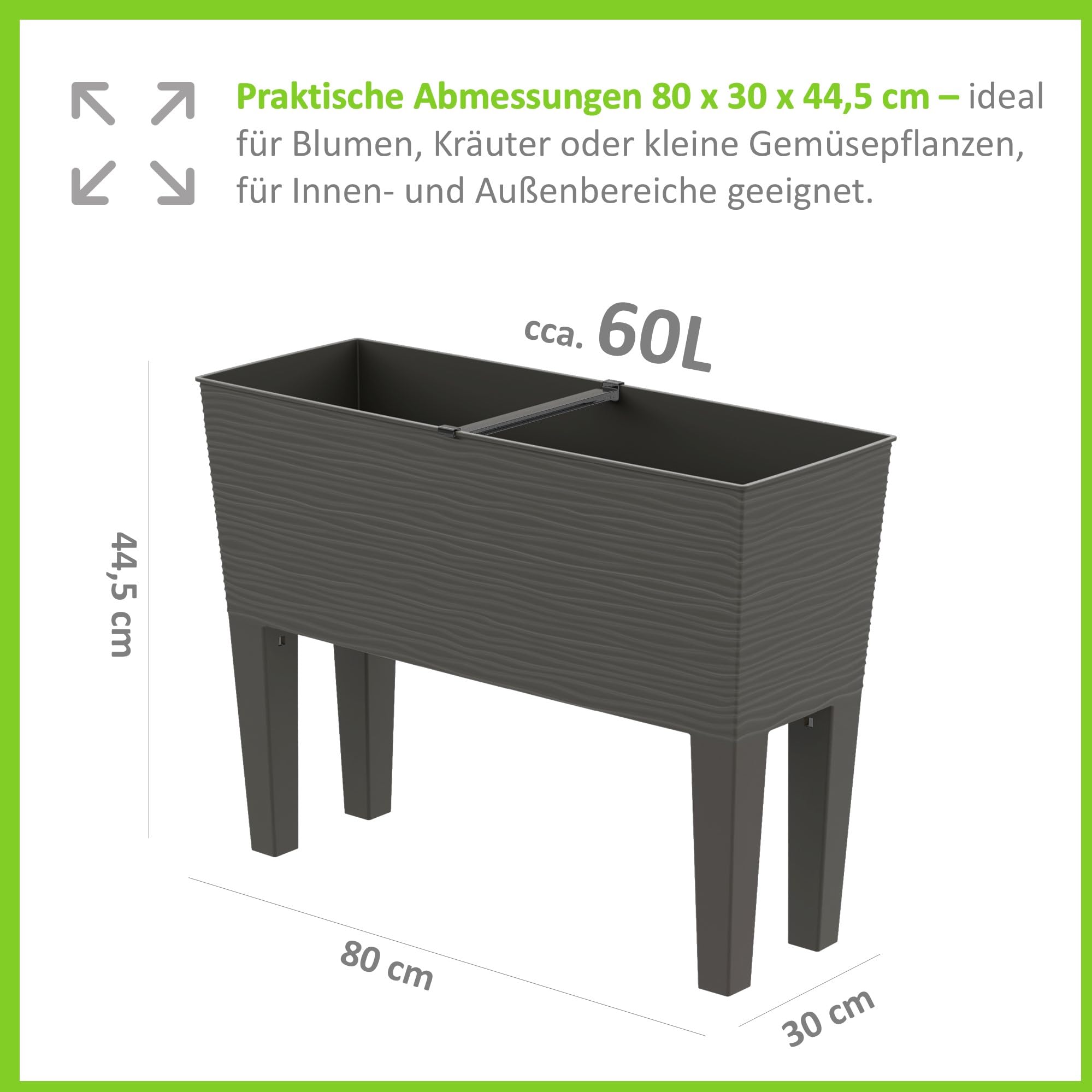Pflanzkasten mit Wasserreservoir, 80x30x44,5 cm, Kunststoff Hochbeet mit Standfüßen, Schwarz/Taupe/Weiß (ANTRAZIT, Aurora)