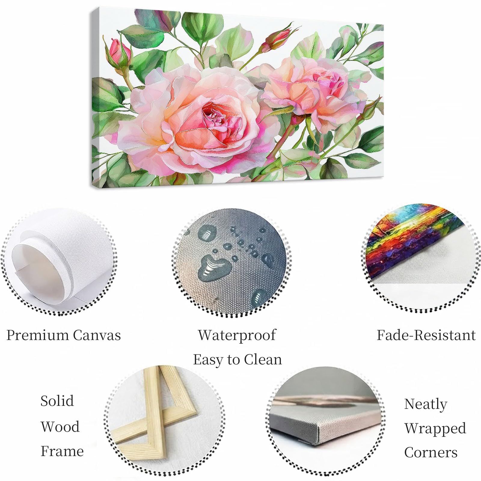 Genérico Impresión sobre lienzo Naturaleza Cuadro Decoracion Pared Pintura 120 x 80 cm Verde Floral Rosa Plantas Hojas - Carteles Arte para Salón, Dormitorio, Cocina, Oficina