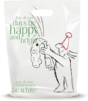 Christmas Party Favor Bags, 100 Pack Plastic Gift Bags with Handles, 12 x 15 Inch, Lightweight Die Cut Carry Bags for Holidays, Events, School Giveaways and Retail Use
