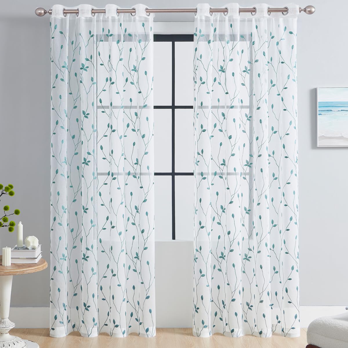 Cortinas Transparentes Con Estampado De Hojas Blancas De 2 Paneles, Cortinas De Red Para Sala De Estar, Dormitorio, Tratamiento De Ventanas De Cocina, Transparentes (Azul Cielo, W52 × L72)