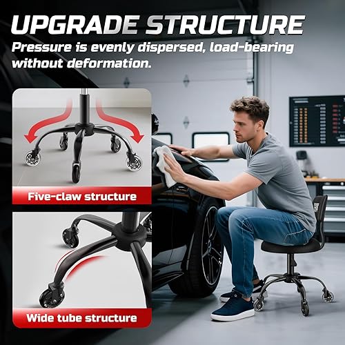 Miniatura 22 de Mechanic Taburete con ruedas, asiento de auto con bandeja de herramientas grande para talleres de reparación de automóviles, taburete de taller