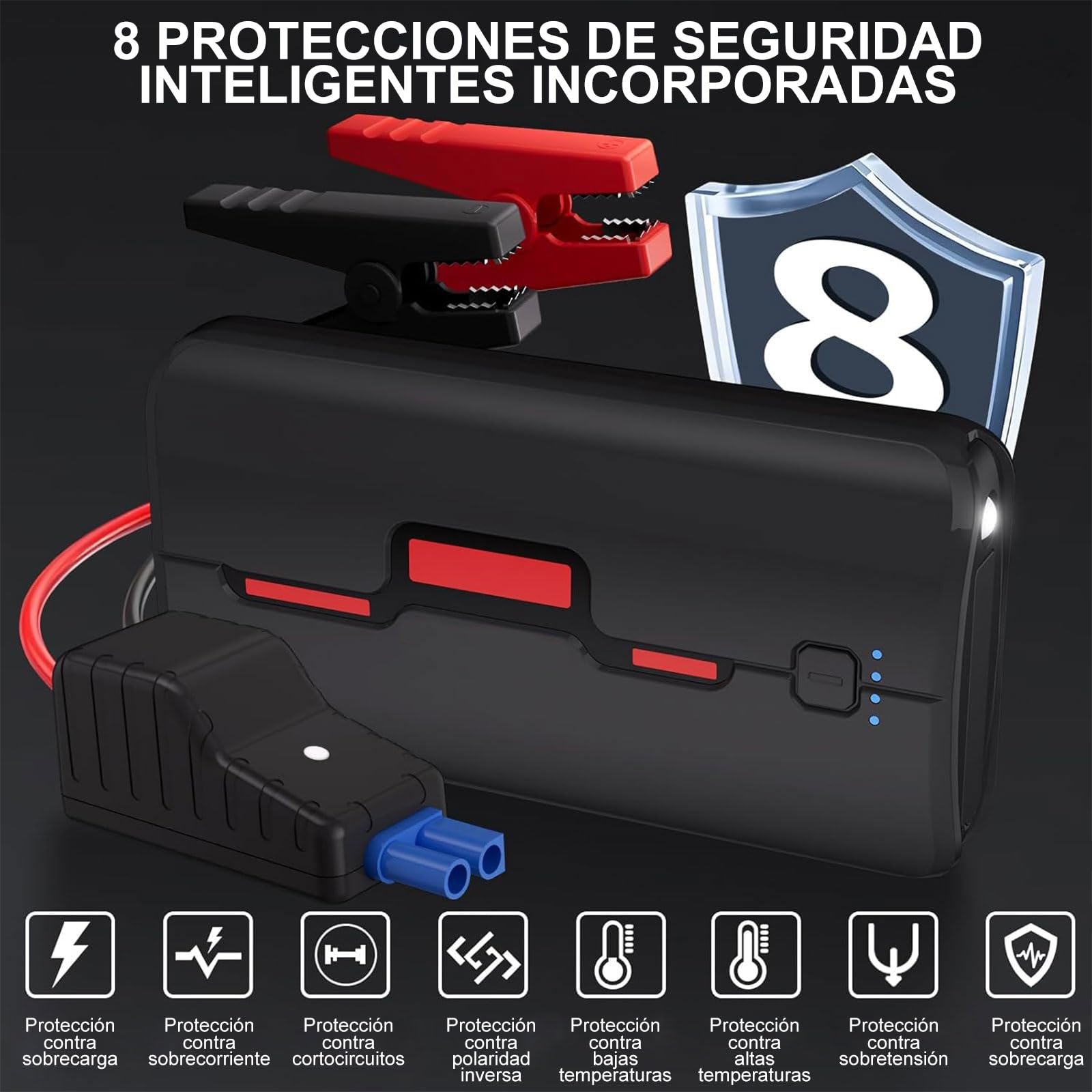 Arrancador de Batería de Coche 600A 10000mAh - Jump Starter Portátil 12V para Motores Gasolina hasta 4.0L y Diésel 2.5L, Power Bank USB-C con Pinzas Inteligentes de Seguridad y Linterna LED