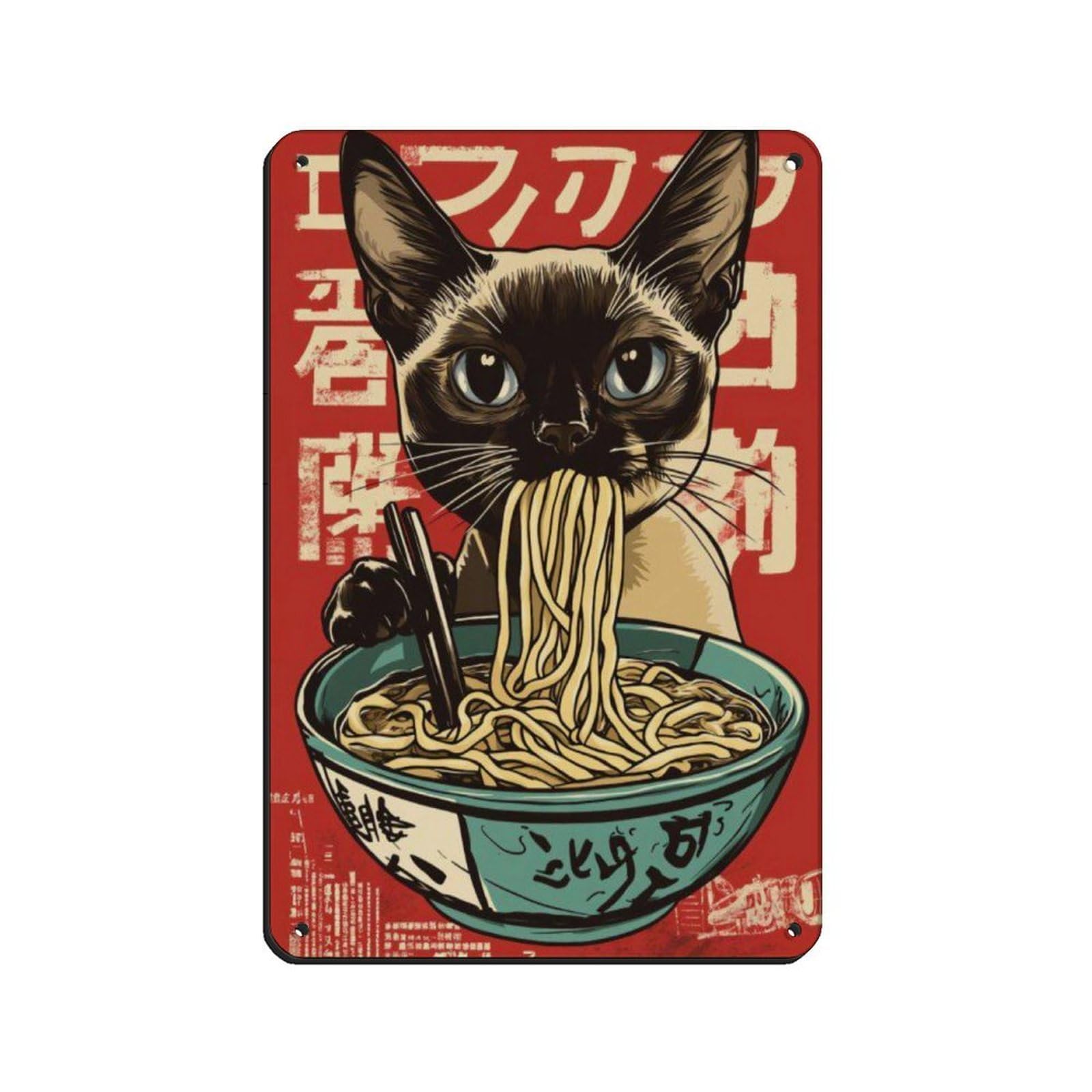Cute Cat Eating Ramen Art Poster, Retro Poster Metal Tin Sign Chic Art Retro Iron Painting Bar People Cave Cafe Family Garage Poster Wall Decoration 8x12inch(20x30cm)
