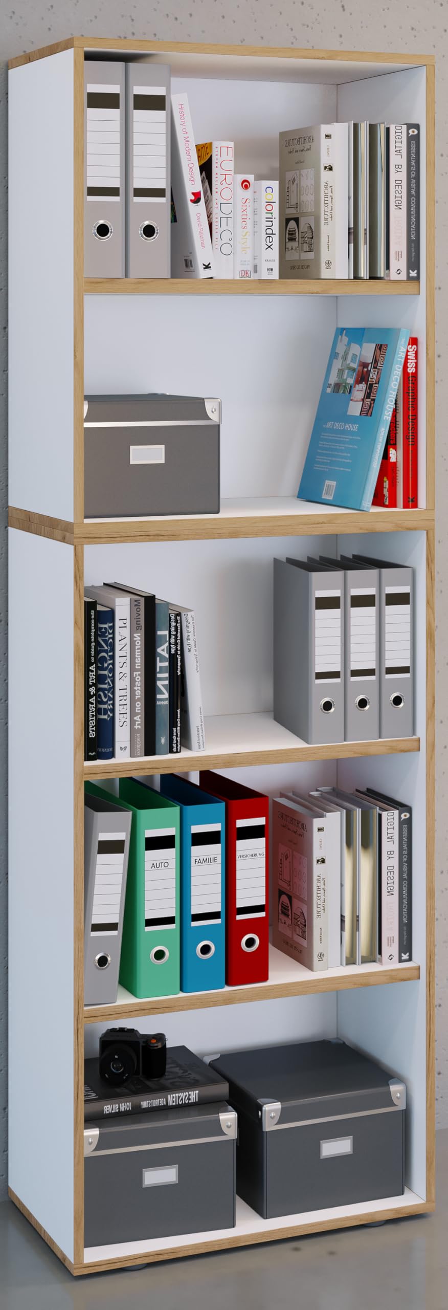 VCM Holzregal stehend, platzsparender Aktenschrank, Maße ca. B. 60 x H. 183 x T. 33 cm, Elegantes Regal, Büroregal – Salia 5fach B. 60 cm