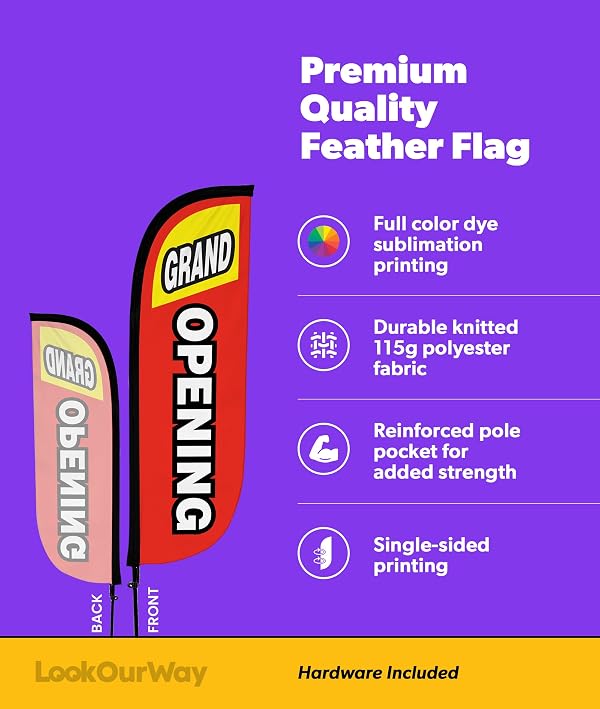 LookOurWay Feather Flag Pole Kit 3-Pack Bundle - 7ft Tall Advertising Banners with Poles and Ground Spikes Grand Opening Red & Yellow by LookOurWay - Image 2