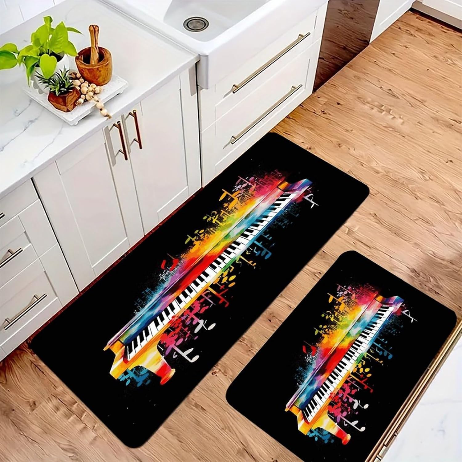 Colorful Piano Keyboard Music Note Kitchen Mats for Floor 2PCS Cushioned Anti Fatigue Rug Non Slip Washable Rugs Ergonomic Comfort Mat Colorful Soft Carpet Runner Rugs 16"×24"+17"×47"