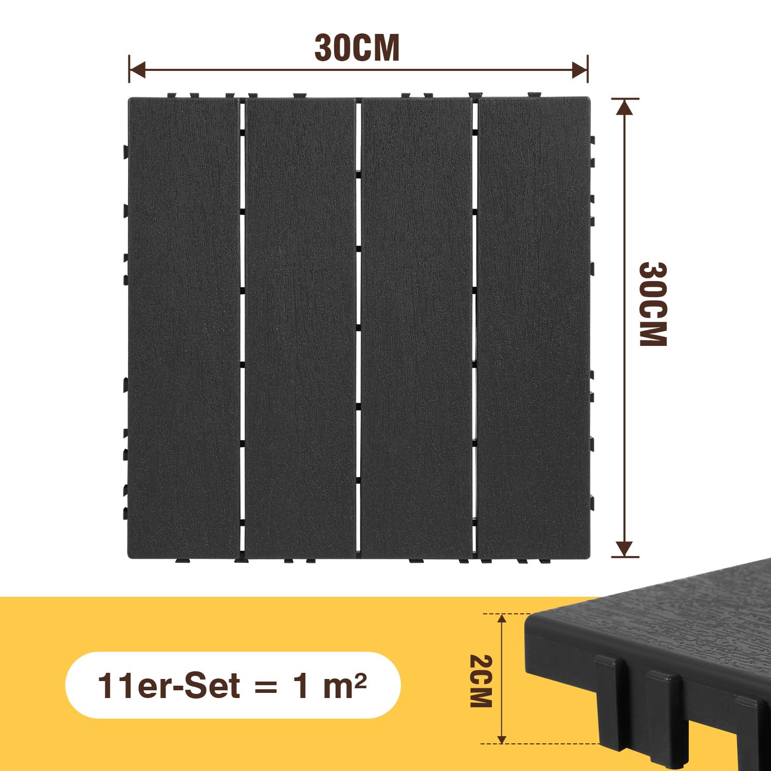 Baldosas Terraza 1 m² 30x30 cm PP Antracita | Losetas de exterior con efecto madera para jardín, balcón, patio y zona de piscina; montaje rápido con sistema de clic.