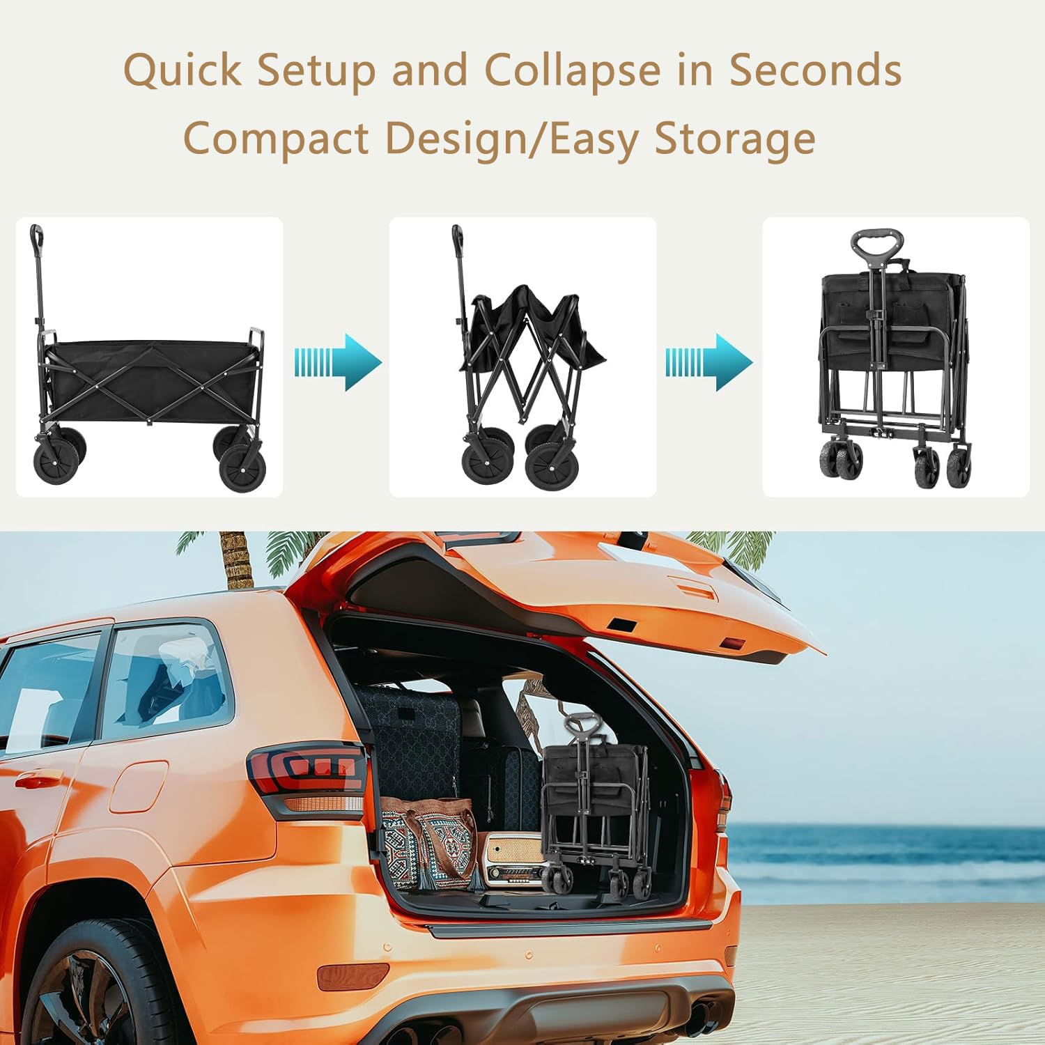 150L Carrello Spiaggia Portatutto Regolabile Carrello Pieghevole con Ruote Tutti i Terreni con Freno Carrello Campeggio Grandi Carrello da Trasporto Giardino Supermercato Mare Carico 200KG