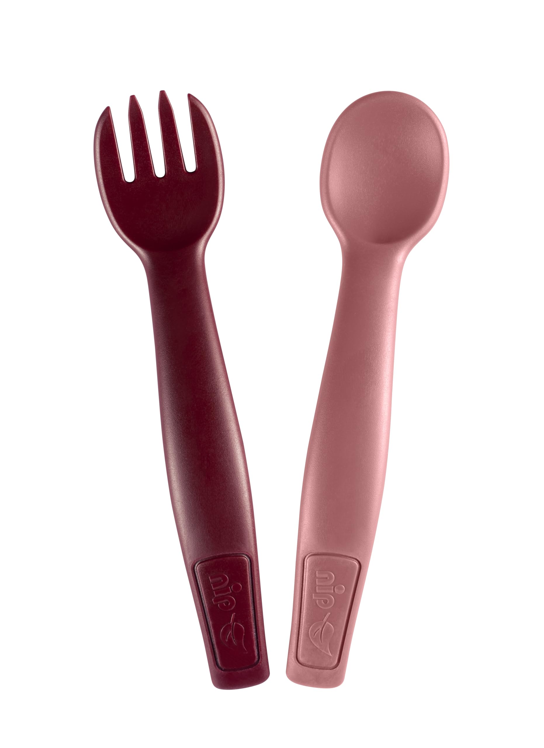 Nip Bio Based plastic Cutlery Spoon & Fork Set,Easy Hold Weaning Kids Cutlery for Infants & Toddlers 9M+,Dishwasher Safe Baby Utensils for Self-Feeding and Baby Food, Easy Grip,Pink,Made in Germany
