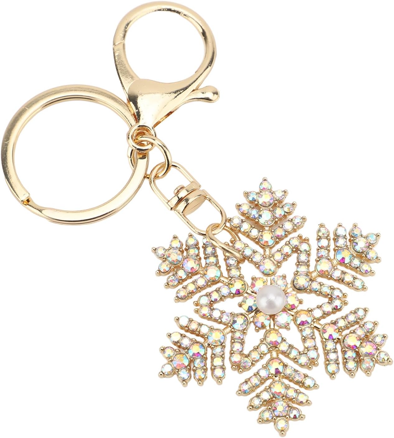 Bling Rhinestone Snowflake Charm Keychain, Sparkling Pearl Bag Charm Key Chain, Cute Snowflake Keyring Accessories for Women's Handbags, Car Keys and Purse Decor (White Colorful) - Image 3