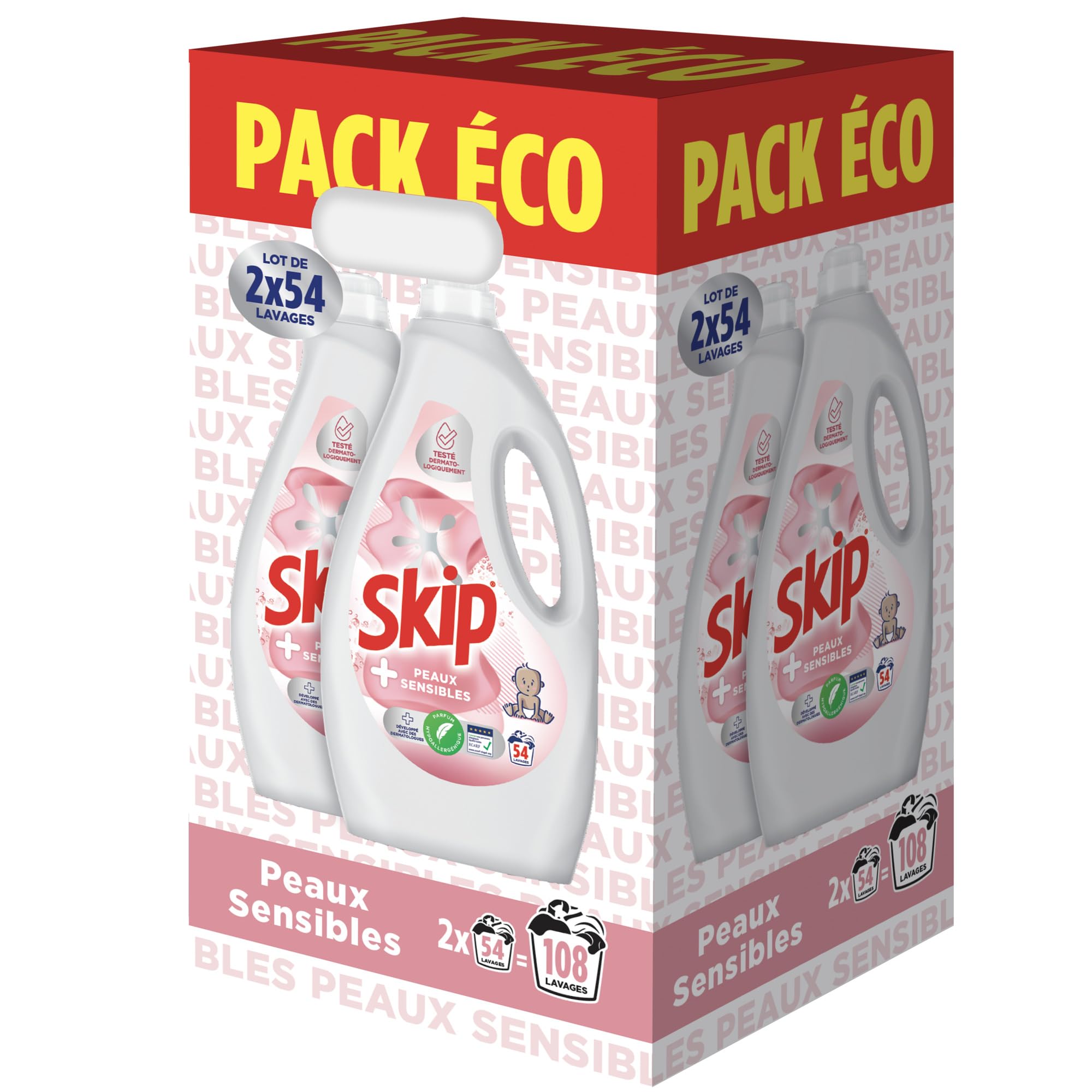 Skip - Lessive Liquide Peaux Sensibles - Contre les taches tenaces - Parfum léger et agréable - Testée dermatologiquement - 2x54 Lavages