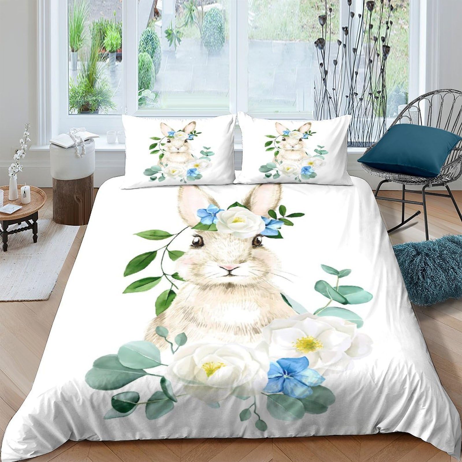 GPLZQXKJNH 3D Printed Bunny Floral Duvet Cover Microfiber Soft Spring Rabbit Quilt Cover Set with 2 Pillowcases for Bedroom All Seasons Single（135x200cm）