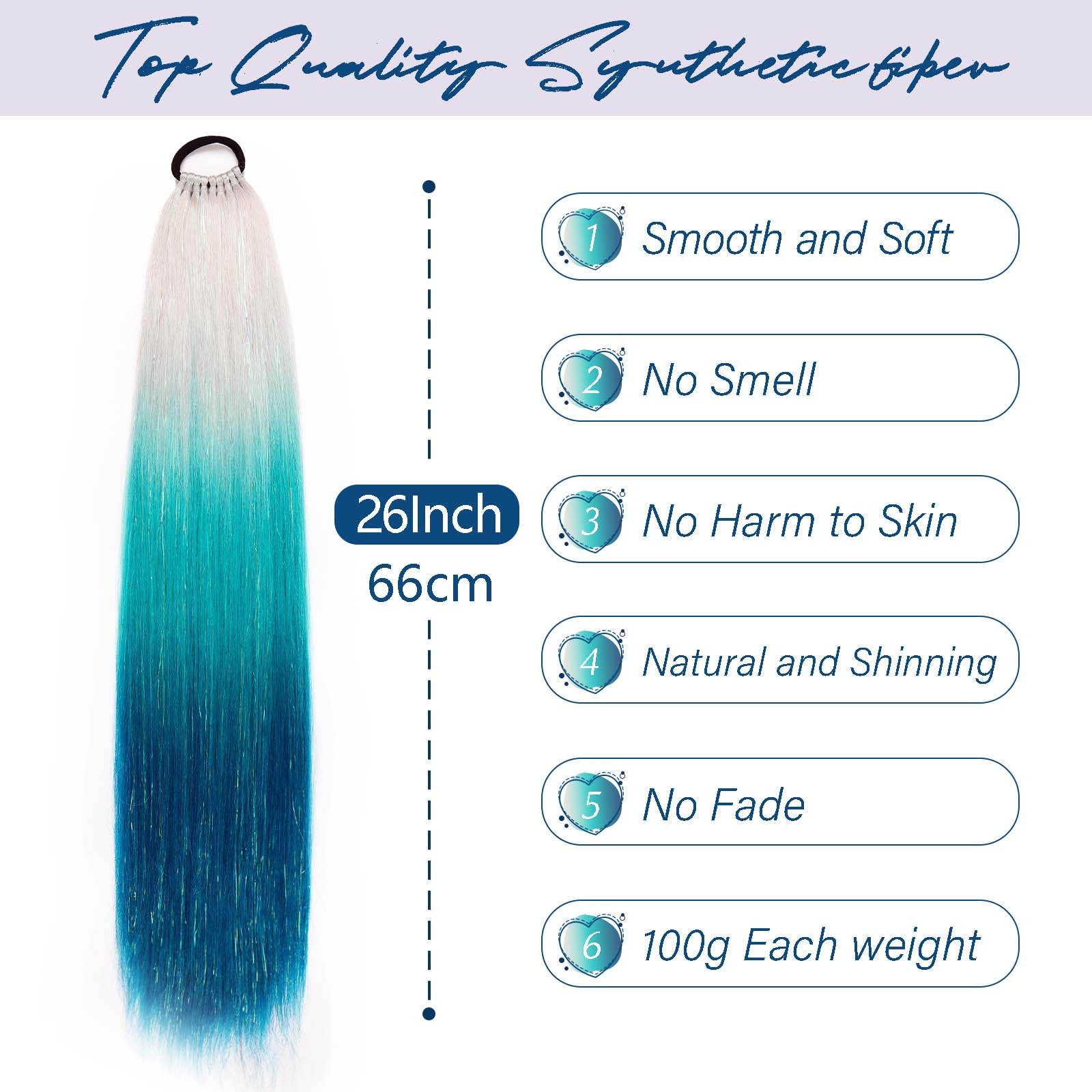 Rainbow Ponytail Extensions with Hair Tie 1 Packs 100g Coloured Ponytail for Braiding 26 inch Colorful Mermaid Extensions Synthetic Gradient Silver Light Blue Deep Sea Blue for Women - Image 3