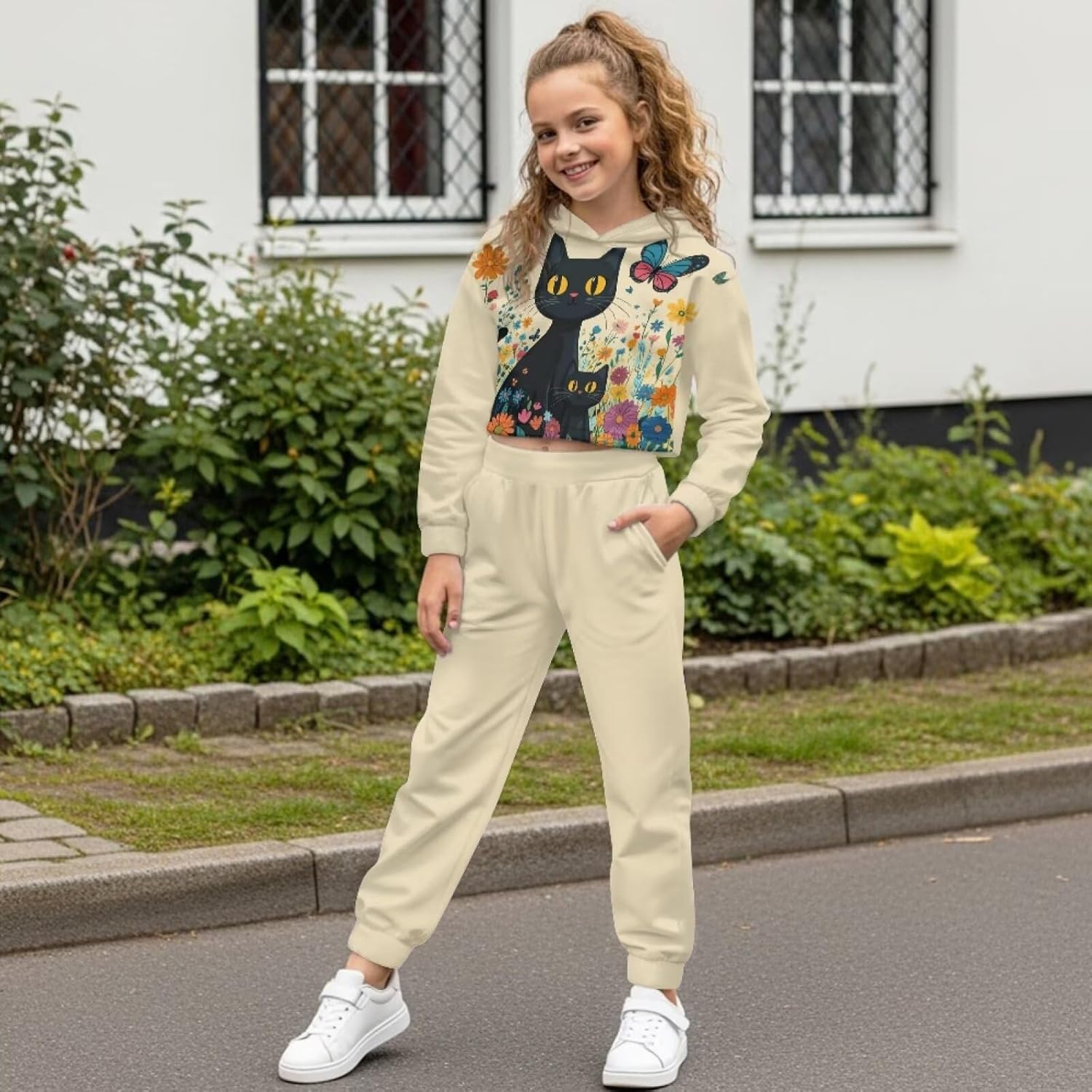 Girls Sweatsuit and Sweatpants Long Sleeve Crop Tops Girls Athletic Sets Pullover Sweatshirts
