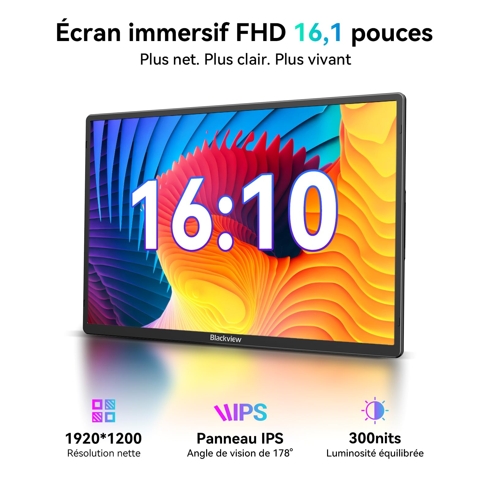 Blackview Écran Portable 16.1 Pouces FHD 1200P Ultra-Fin, Base magnétique pivotante à 360°, pour Ordinateur Portable, idéal Voyage et Bureau, Plug and Play - Compatible Windows, Mac, PC, PS5