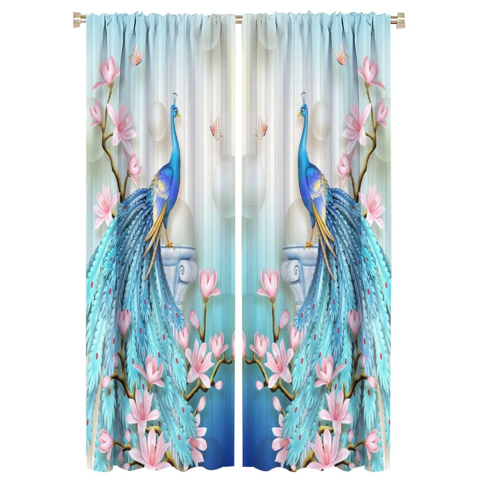 Peacock Blackout Curtains,Blue Peacock Flower Pearl Butterfly Print Kitchen Living Room Bedroom Window Drapes 2 Panel Set for Girls Boys Room Decor Decorative Curtains for Living Room 52x84in