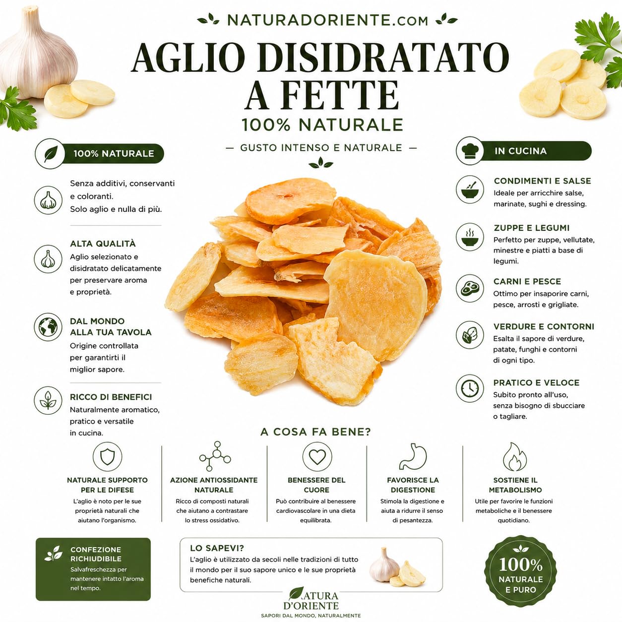 NATURA D'ORIENTE Aglio Disidratato a Fette 1 Kg - 100% Naturale, Fette di Aglio Essiccato per Cucina e Benessere