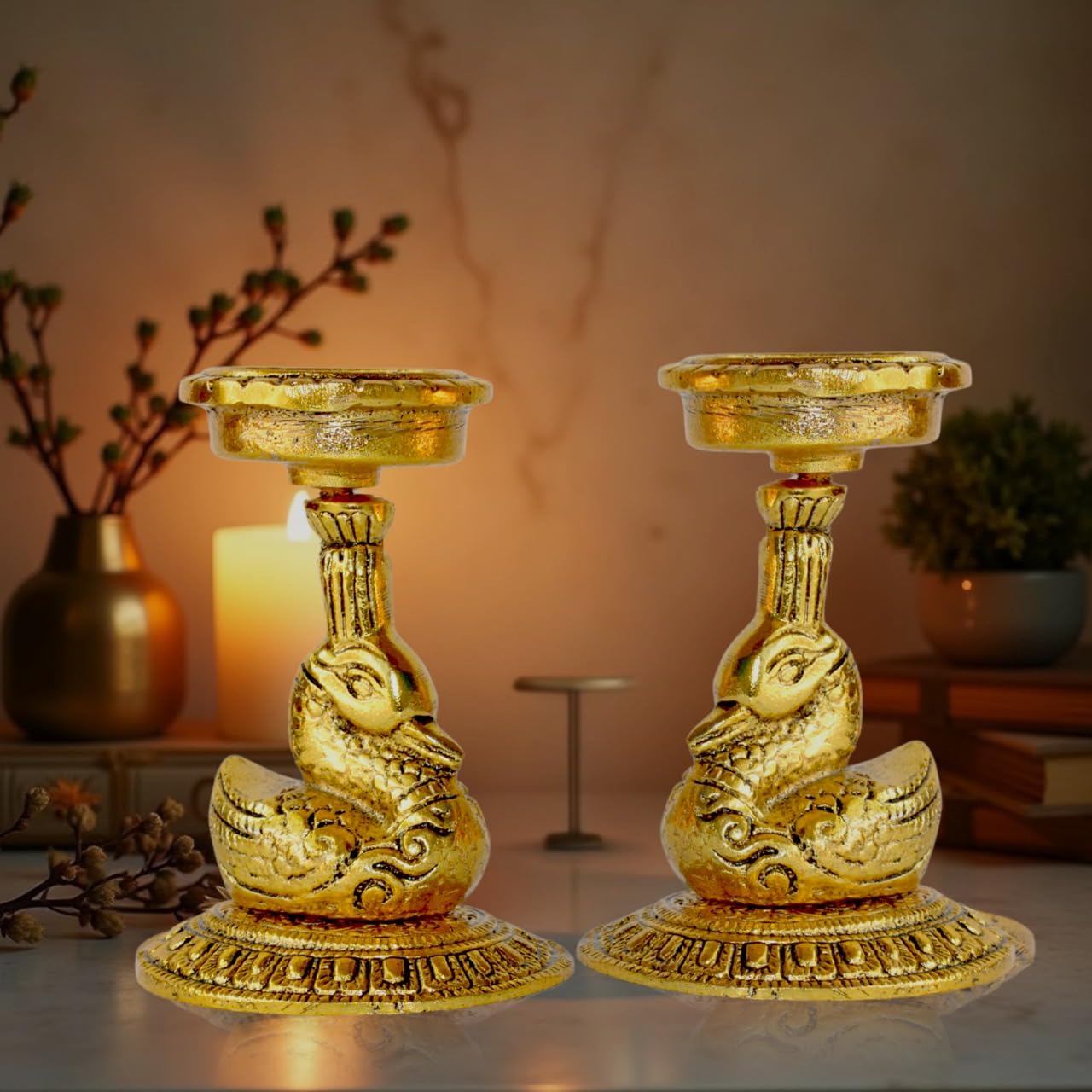 AURA MART Elegant Metal Duck Candle Holder Set of 2 - Perfect Home Decoration Diwali