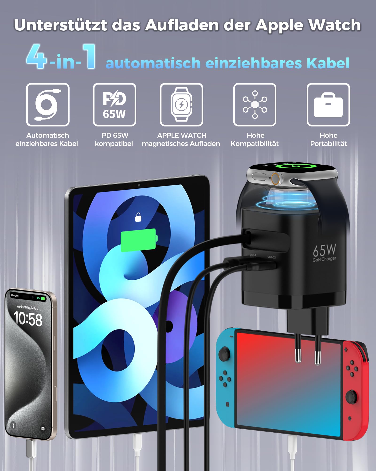 65W USB C Chargeur avec Rétractable câbles pour Apple Watch, Adaptateur Secteur USB C GaN à 4 Ports avec câble pour Apple Watch Ultra/11/10/9/8/7/SE, pour MacBook, pour iPhone, pour iPad. Noir