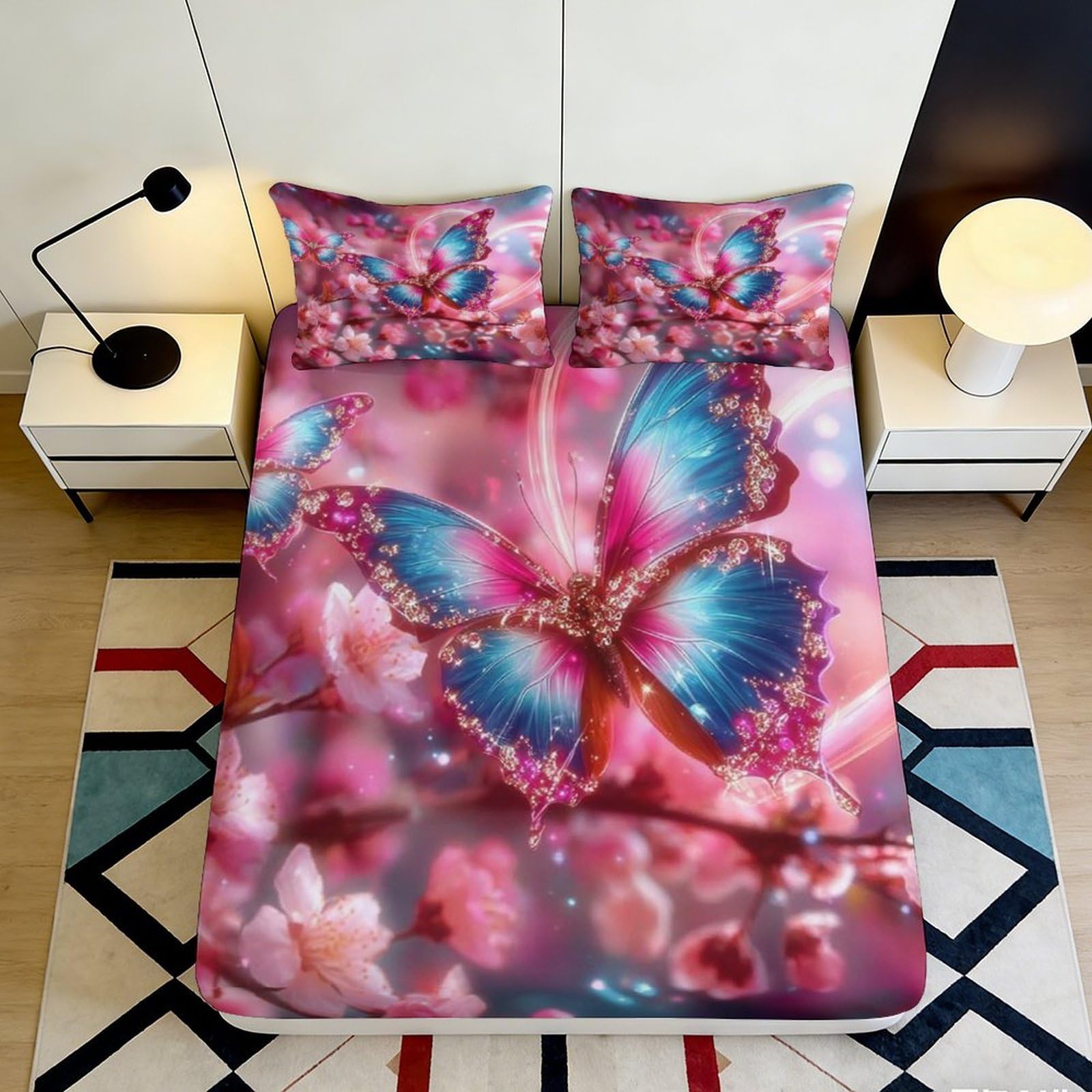 3D Printed Butterfly Blossom Fitted Sheet Microfiber Anti-Slip Bed Cover Bedroom Decor Soft Machine Washable 90x200x25cm