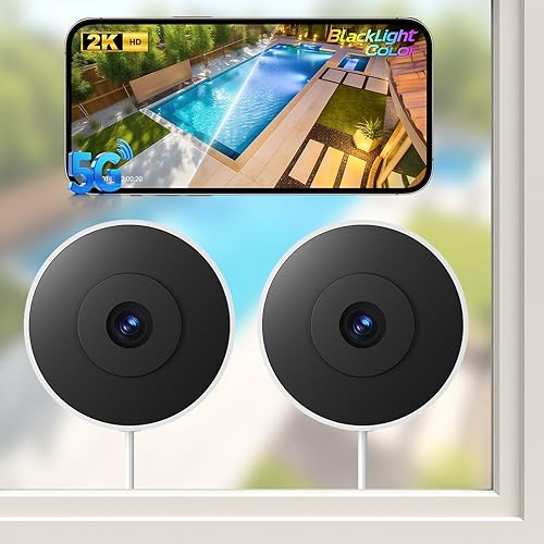 Cámaras de ventana de 4MP2K para seguridad del hogar, 2 paquetes de cámaras de seguridad para interiores 5G y 2.4G con luz negra, visión nocturna a