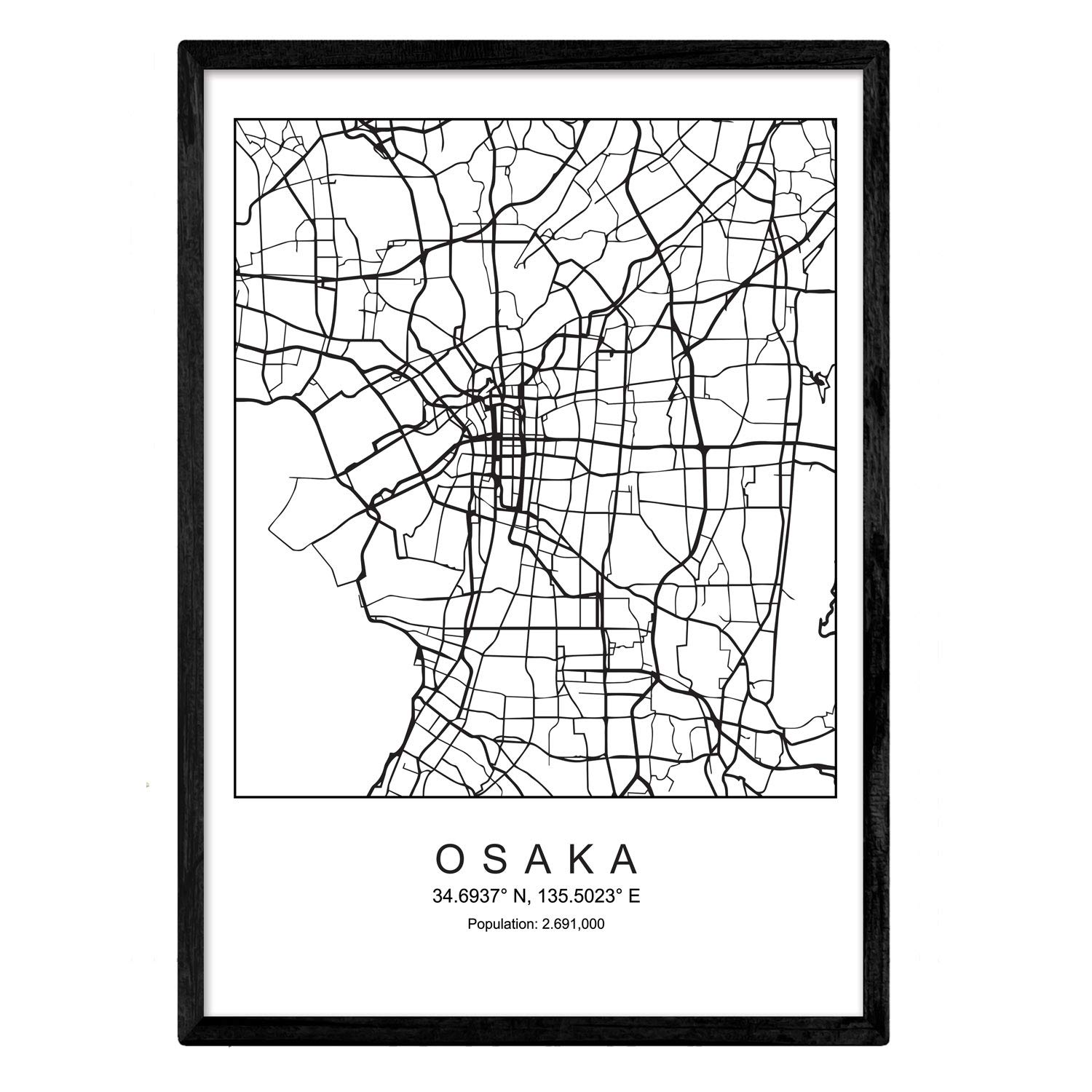 Nacnic Map of the city Osaka (3) Nordic style in black and white. Poster A3 Size Framed with Black Frame Printed Paper 250 gr. Pictures, sheets and posters for Salon and Bedroom โ image 1