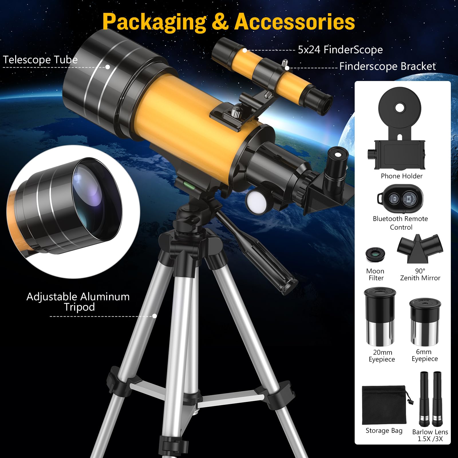 Télescope Astronomique 70/300mm, Lunette HD Astronomique Réfracteur avec Trépied Professionnel et Adaptateur de Téléphone, Télescope pour Enfants Débutants et Amateurs, Observer la Lune 15-150X