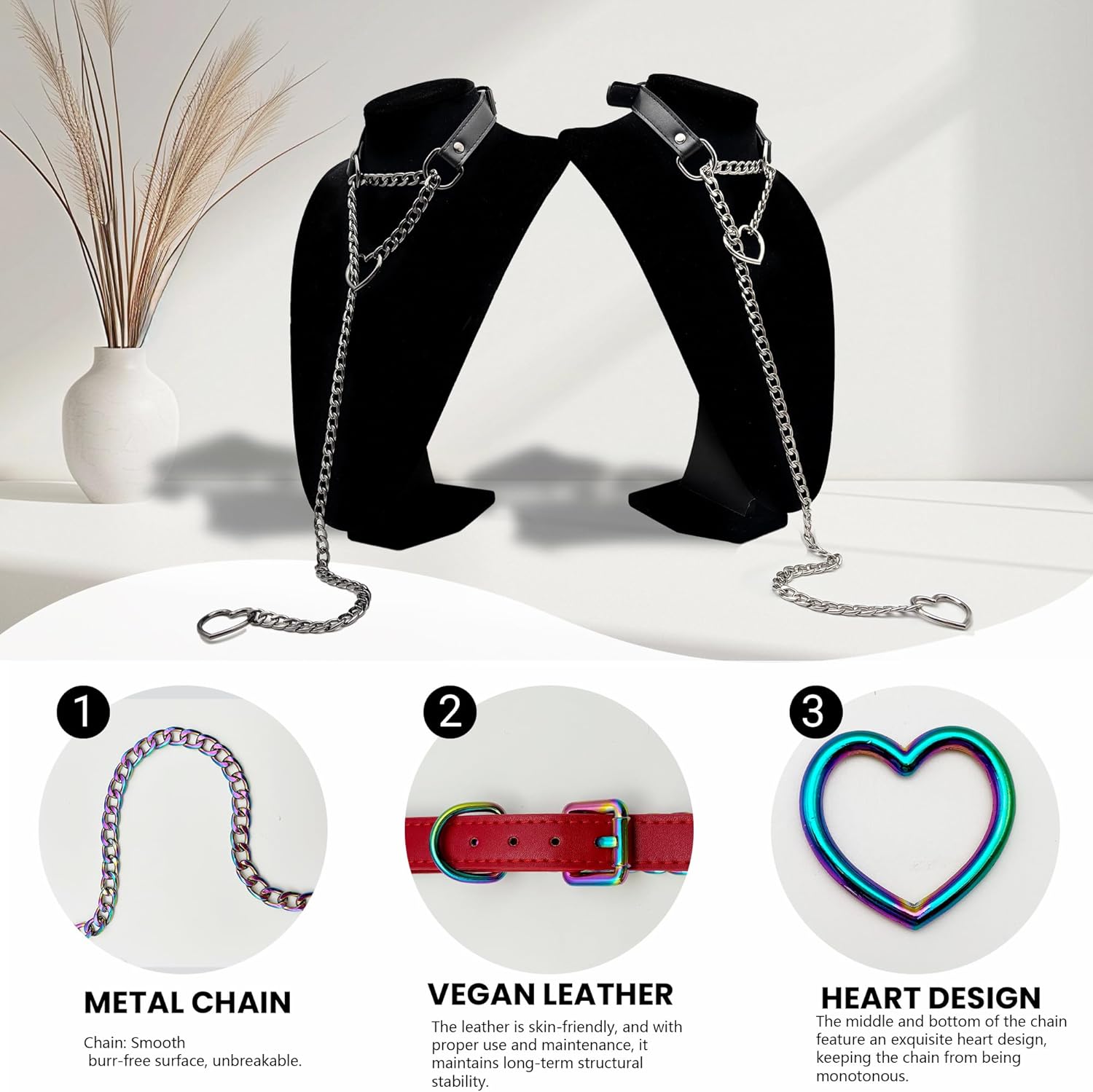 paloli Vegan Leather Choker Necklace with Heart Chain – Adjustable Strap Punk Gothic Collar with Cute Heart Metal O-Rings, Stylish Jewelry for Women - Image 6