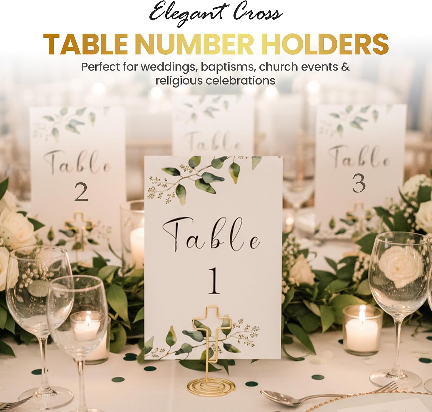 10 Pack Gold Cross Table Number Holders 1-10 | Fits 4x6 & 5x7 Cards | Elegant Metal Stand for First Communion, Baptism, Confirmation & Religious Celebrations image 2