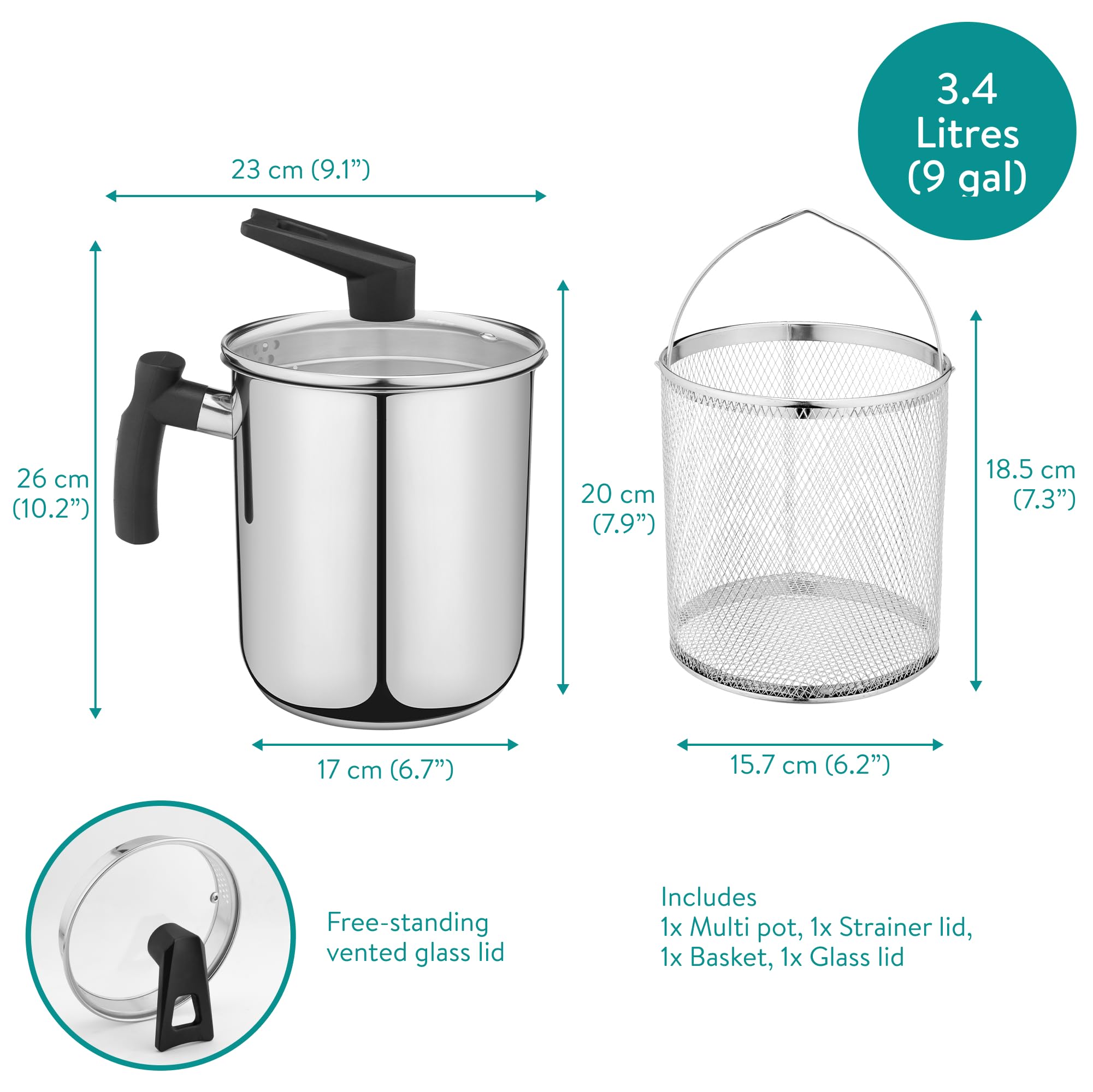 Navaris Pentola per Friggere - Pentola Friggitrice con Cestello in Acciaio Inox - 3,4 L - Cuoci Asparagi Verdure e Pasta Lunga - Spaghettiera con Scolapasta Incorporato