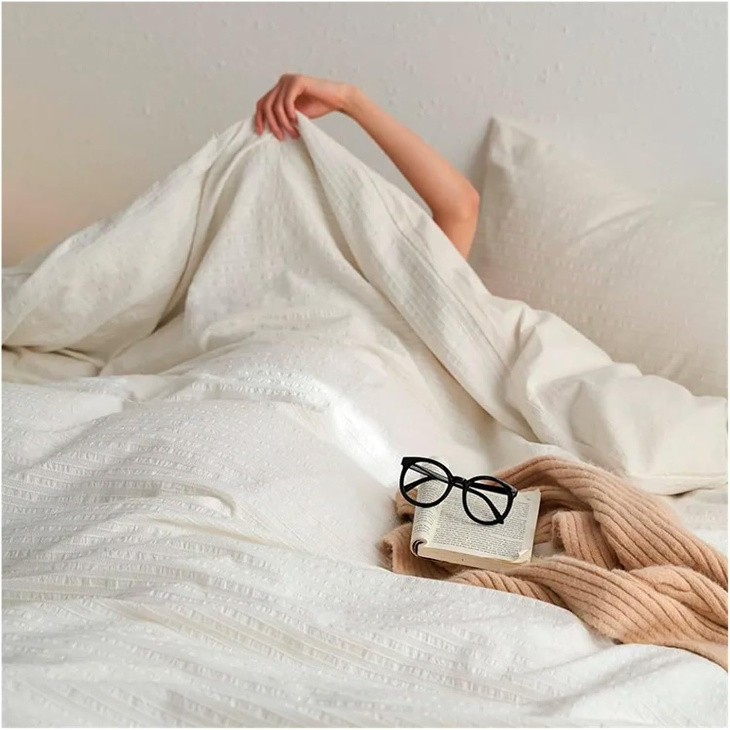 Grey and White Stripes Duvet Cover Set 100% Washed Cotton Linen Like Textured Breathable Soft Comfortable 4Pcs Queen Bedding Set,Bed