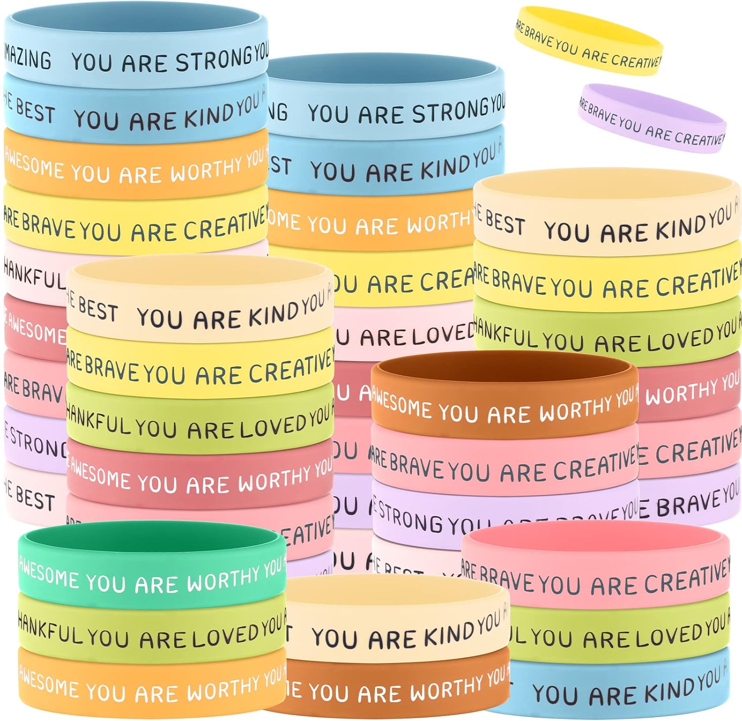Roowest 120 Pcs Motivational Wristbands Bulk for Student Inspirational Rubber Bands Stretch Affirmation Silicone Bracelet Graduation Class Prizes Teacher Gifts for Kids(Fresh Color)