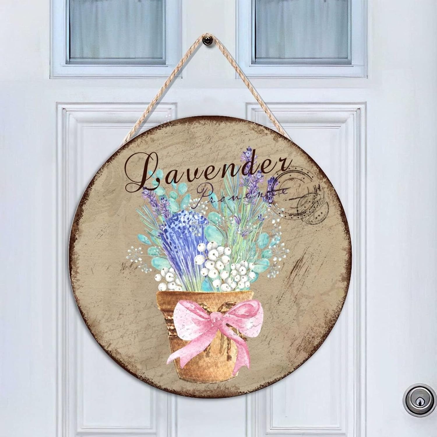 Custom Calligraphy Front Door Round Wood Sign, Lavender Wood Door Sign, Personalized Pattern 16x16in Wall Hanging Sign Plaque for Outdoor Front Porch Farmhouse Front Door Decor Housewarming Gifts