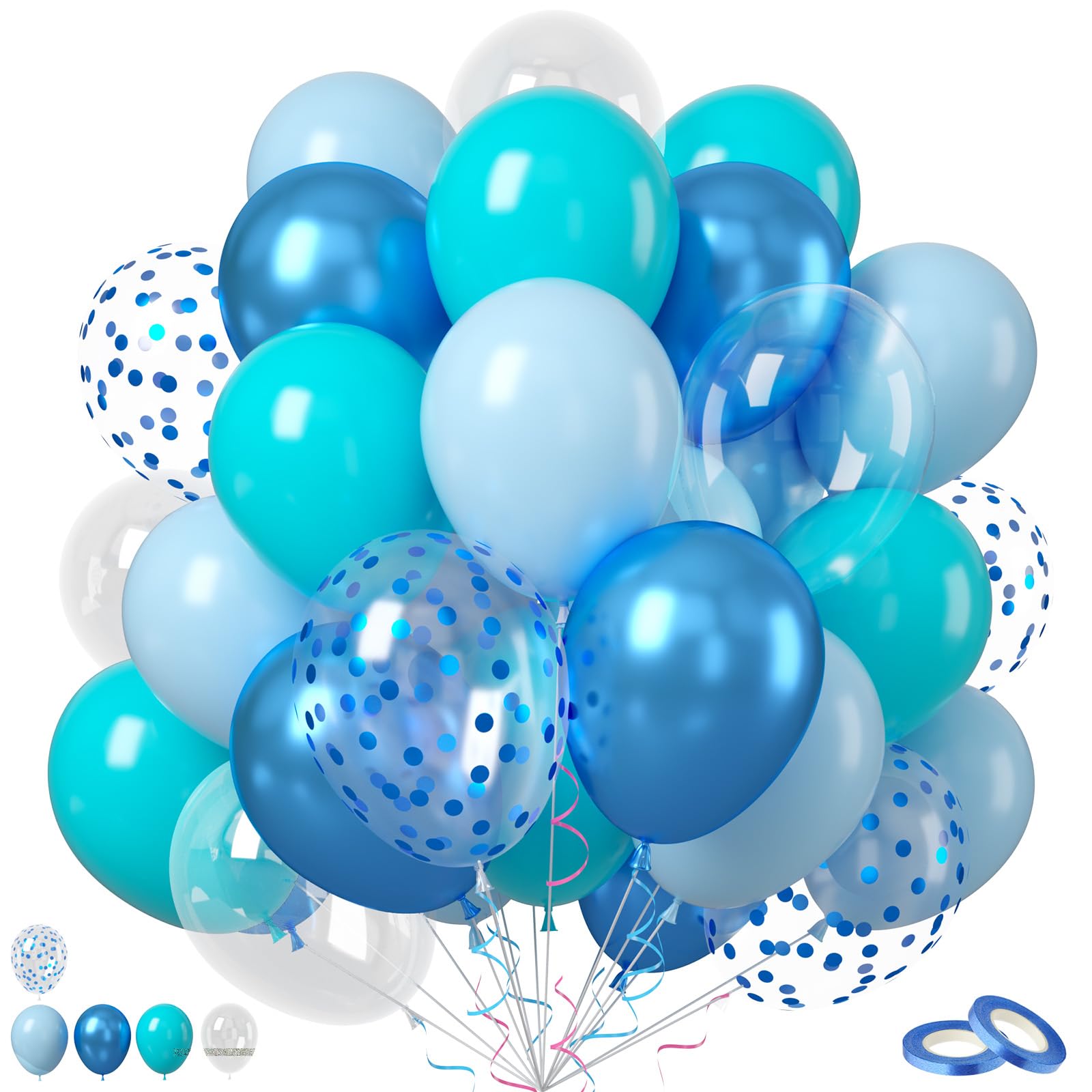 Teal Blue Balloons, 50PCS 12 Inches Turquoise Blue Pearl Latex Balloons With Metallic Confetti Balloon for Ocean Shark Sea Birthday Theme Party