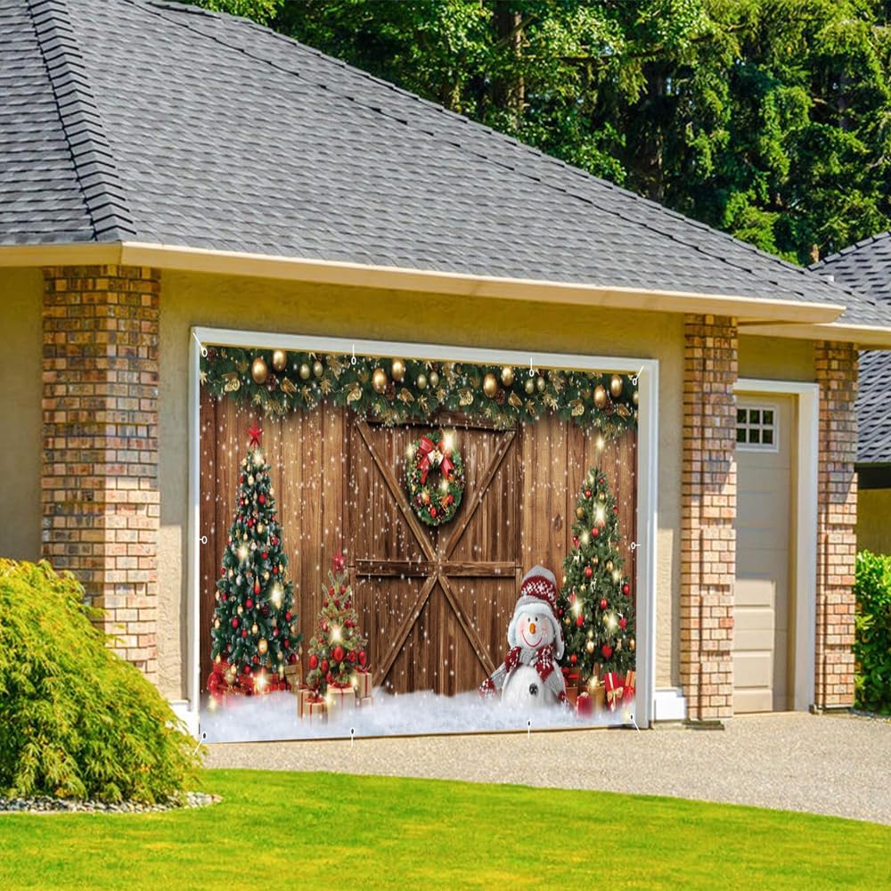 Leowefowa Christmas Garage Door Decorations 18x7ft Christmas Garage Door Cover Christmas Wood Board Garage Door Banner Yard Backdrop Decoration