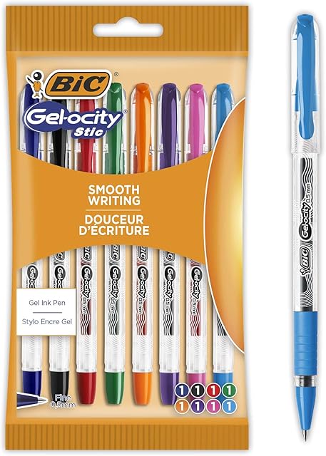 BIC Gel-ocity Stic Gel Pens Fine Point (0.5mm) - Assorted Colours, Pack of 8