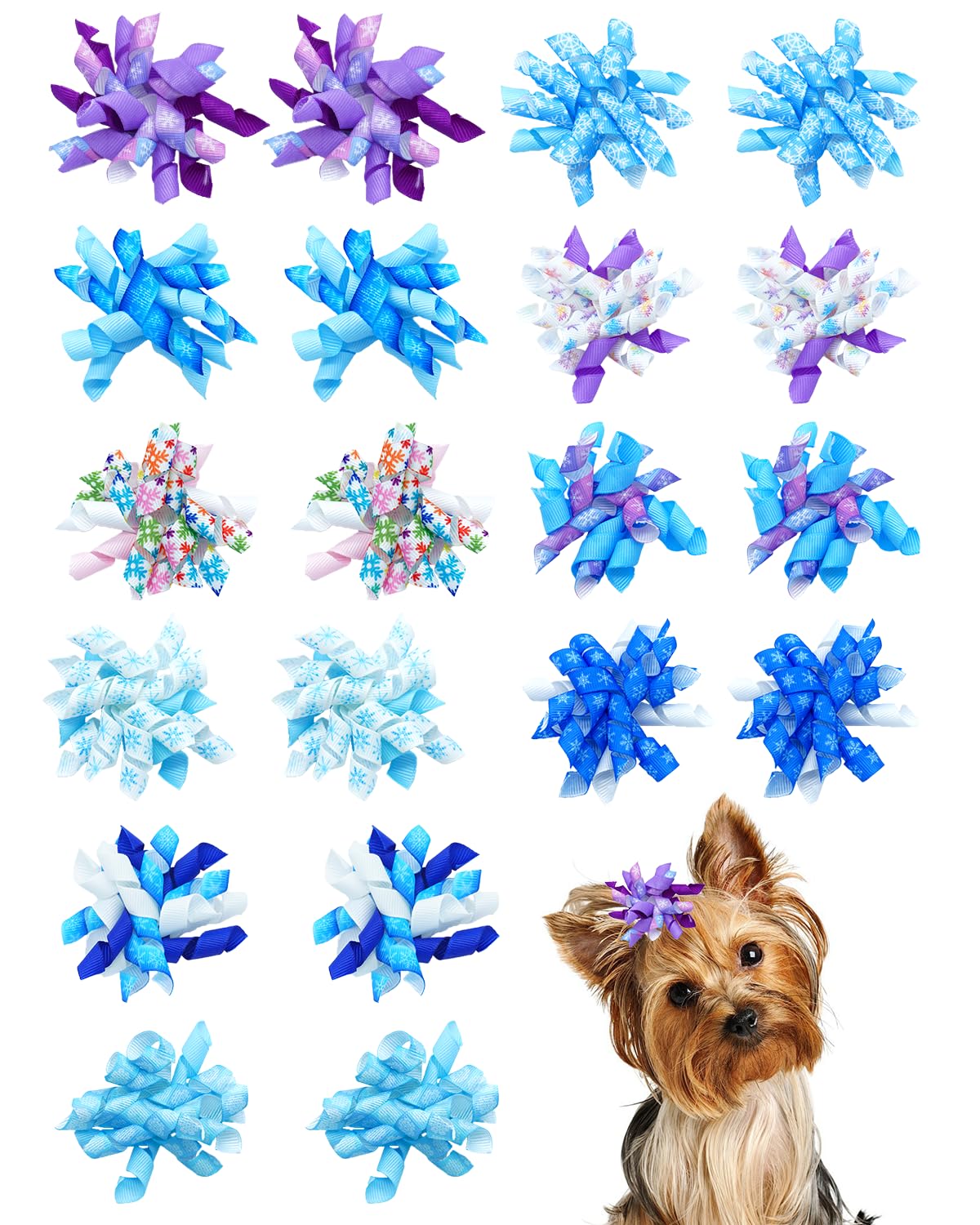 PET SHOW 20 Pack/10 Pairs Winter Curly Dog Hair Bows with Rubber Bands for Small Medium Dogs Spiral Puppy Swirl Topknot Cat Festival Snowflake Hair Accessories Pet Favor Gift (Winter Styles)