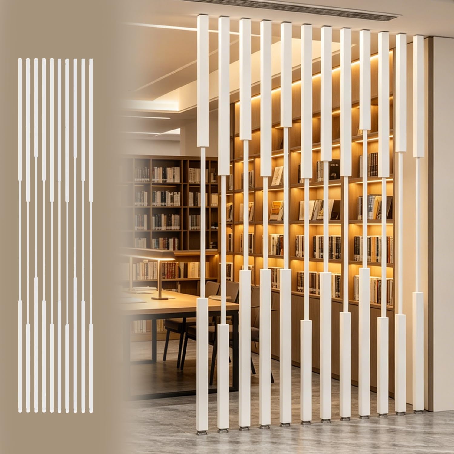 Room Divider Floor to Ceiling Room Divider Post Decor, White Square Living Room Wall Partition Design, Separator Standing Pole with Adjustable Height Base(10pcs Height,155cm/61in)