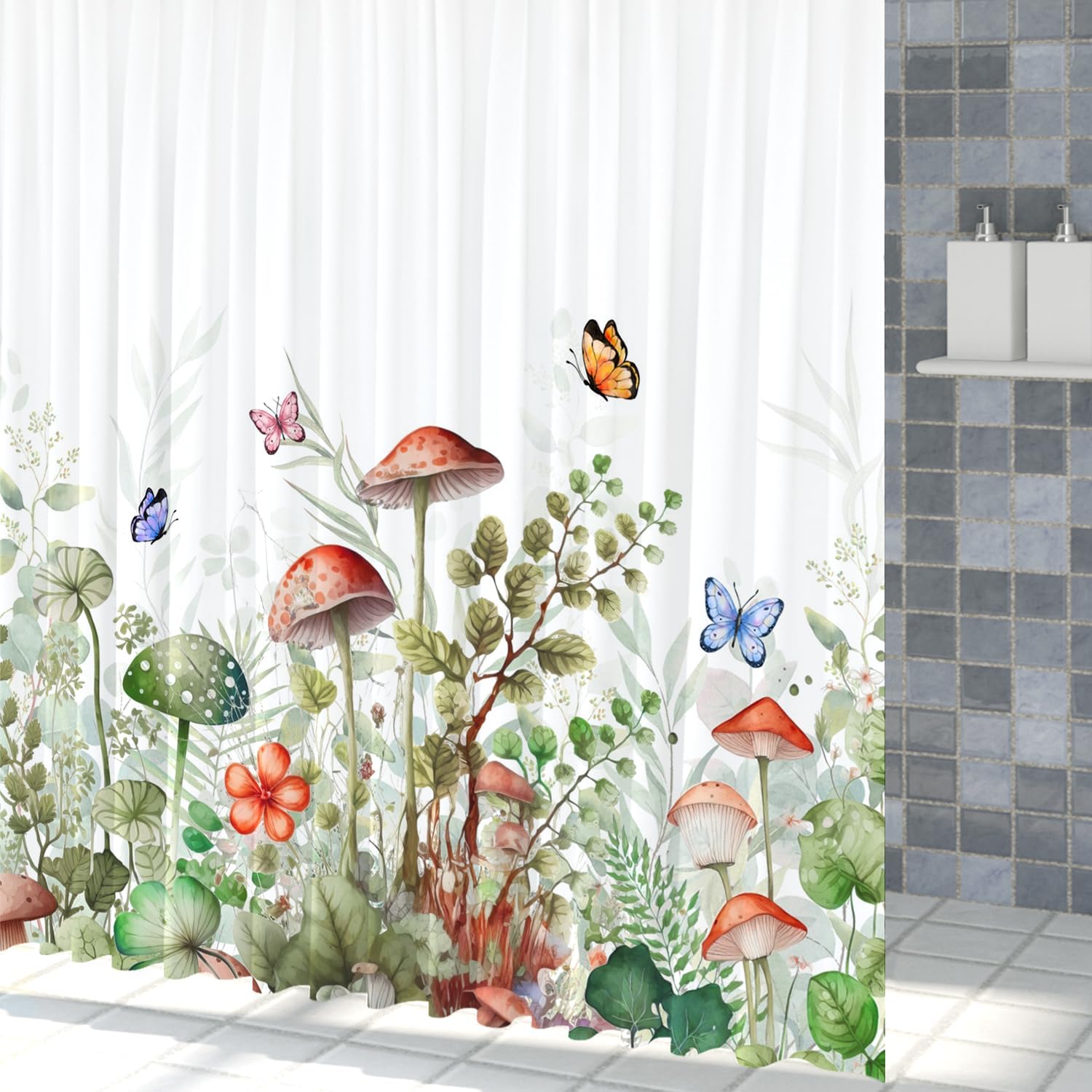 Boho Mushroom Shower Curtain Watercolor Green Leaves Butterfly Floral Botanical Flowers Shower Curtain Spring Nature Blossom Plant Fabric Bathroom Decor Curtain Set 72x78 inch