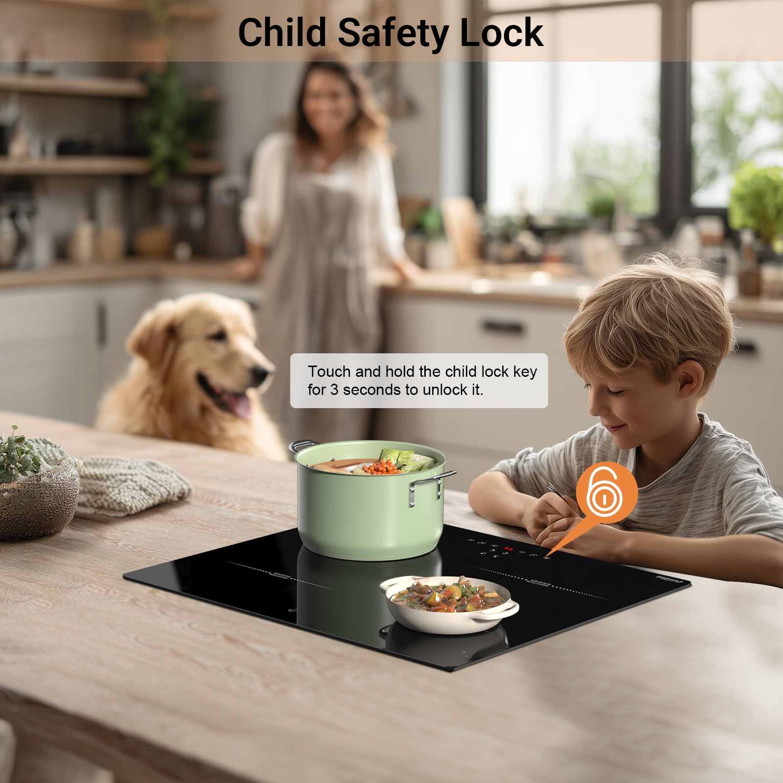 COVERCOOK Plug in Induction Hob 13 Amp 2800W, 4 Zones Plug in Electric Hob 60cm, Induction Hob Touch Control with Timer, Child Safety Lock, Keep Warm, Pause Function, Boost, Black — view 6